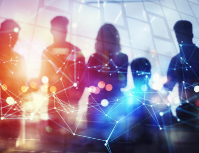 Business people collaborate together in office. Double exposure effects